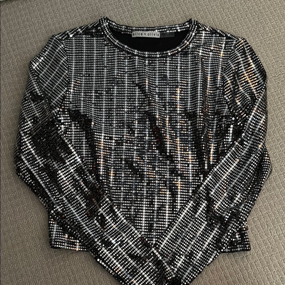 Alice + Olivia Delania Black and Silver Sequin Top